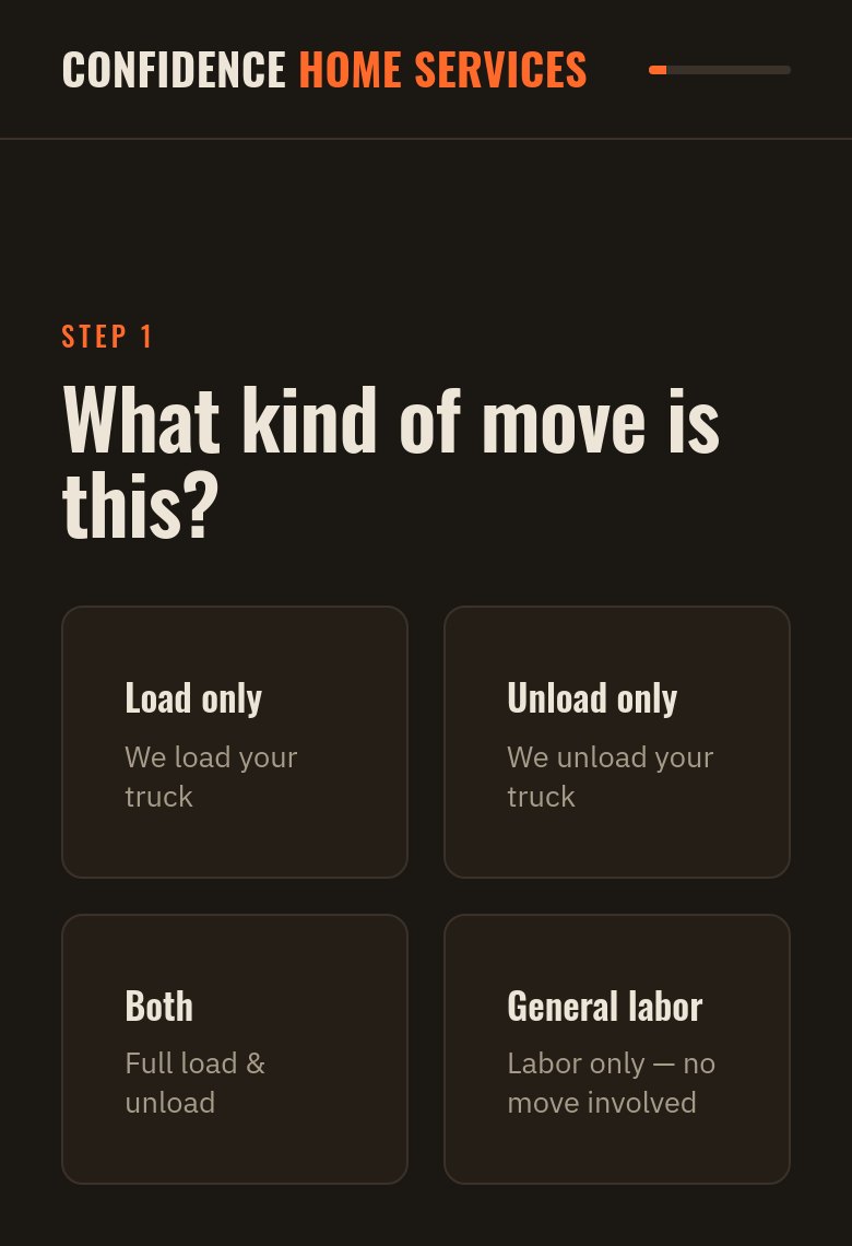 The first step of the quote form on confidencemove.com on a phone: What kind of move is this? Load only, Unload only, Both, General labor
